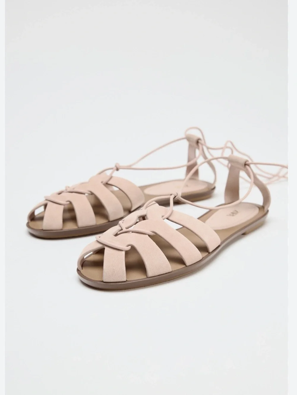 Zara NWT Pink Suede Tied Leather Fisherman Sandals Cage Flat - Picture 3 of 8